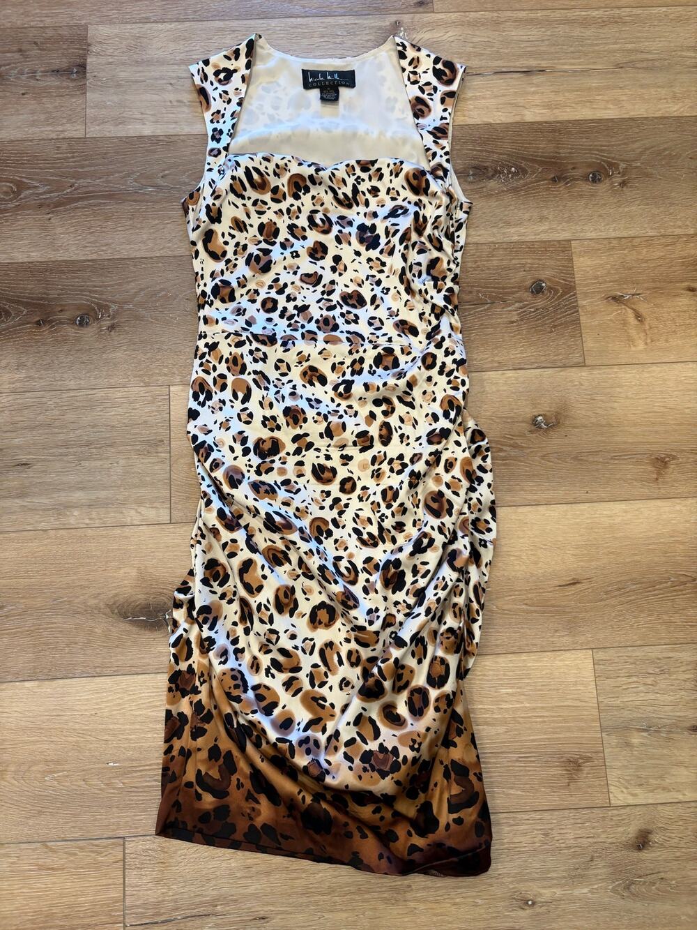 Nicole Miller Silk Blend Cream Leopard-Print Midi Dress Size 10